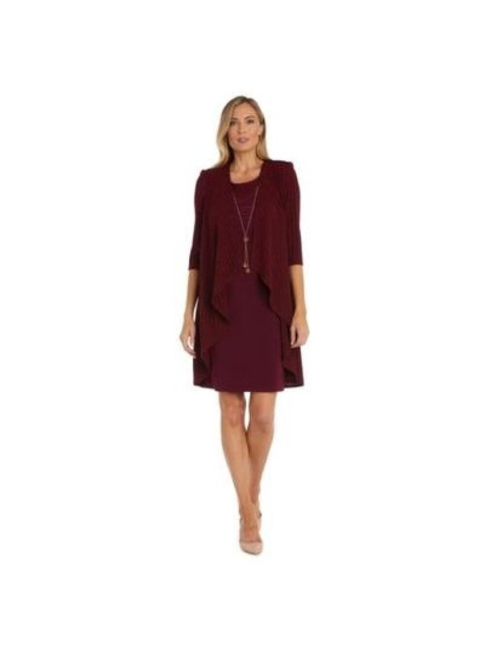 R & M Richards Womens 2Pc Metallic Pb Rib Knit Jacket Dress Wine Red Size 6 NWT